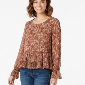 Carole Christian Rust and Cream Floral Swiss Dot Blouse- Large